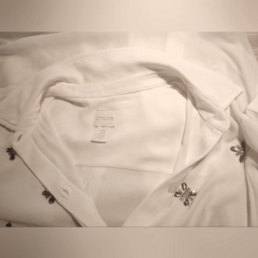 Chico's ButtonUp Blouse, Jeweled Butterflies Collar, 1/2 Sleeve, Ivory, S - Picture 12 of 14